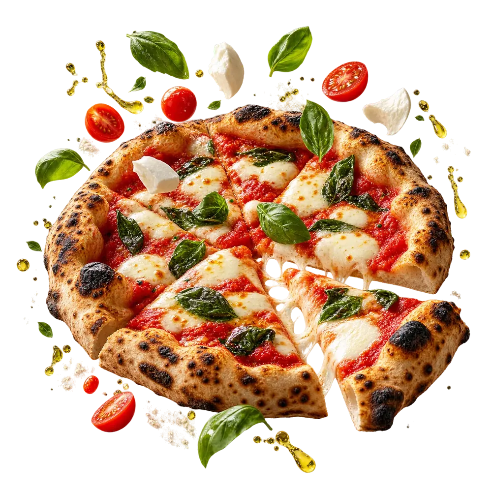 A pizza with a blistered crust, basil and mozzarella